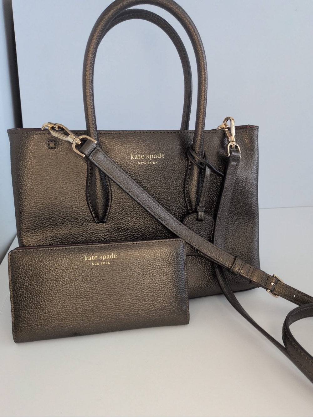 kate spade Black Pebbled Leather Satchel with Matching Wallet and Strap Set